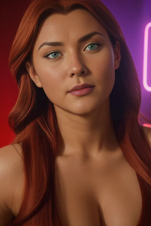 Artgerm (Stanley Lau) style, best quality, ultra realistic, 16k, crazy resolution, UHD, ultra-detailed, detailed eyes, detailed skin, detailed hair, detailed face, detailed fabric, detailed texture , (1 beautiful young woman, alone: 1.1), tall, a young girl, highlighted skin, realistic shading,  Brown skin, tanned skin, realistic hair, long (-scarlet-red) hair, red gradient tones hair, two-tone hair, high ponytail, seductive, sexy, (natural big breasts:1.2), (sideboob:1.2), jewelry, (turquoise eyes), cowboy shot, V-shaped green eyes, ((hourglass shape)), hot naked, (Blurred in vibrant cinematic light), warm atmosphere, Show all, ultra-detailed, fine details, nude, (proportional) big hips, thick thighs, tall, Natural Color Lip, face with expression of pleasure and tiredness , different sensual poses at different angles, futuristic retro bedroom with neon lights (blurred background)、20 years old、dream atmosphere 