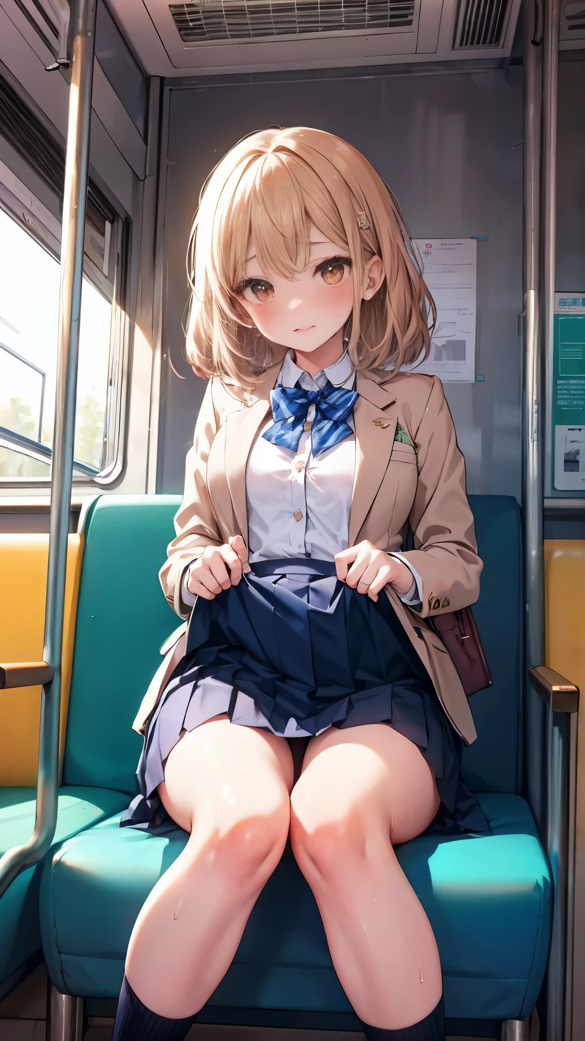 NSFW,4K,Gal:1.3,Anatomically correct,school uniform:1.3,A pure and innocent girl, Very cute face, Like an idol, (masterpiece:1.2), (high quality),Hip, Blue Skirt, alone, Blazer Type, loose socks, Lifting clothes, Brown eyes, pure gaze, mini skirt, Lift yourself up, Check skirt, blush,(Sweating profusely),physical education, Beautiful legs, ((in the train))