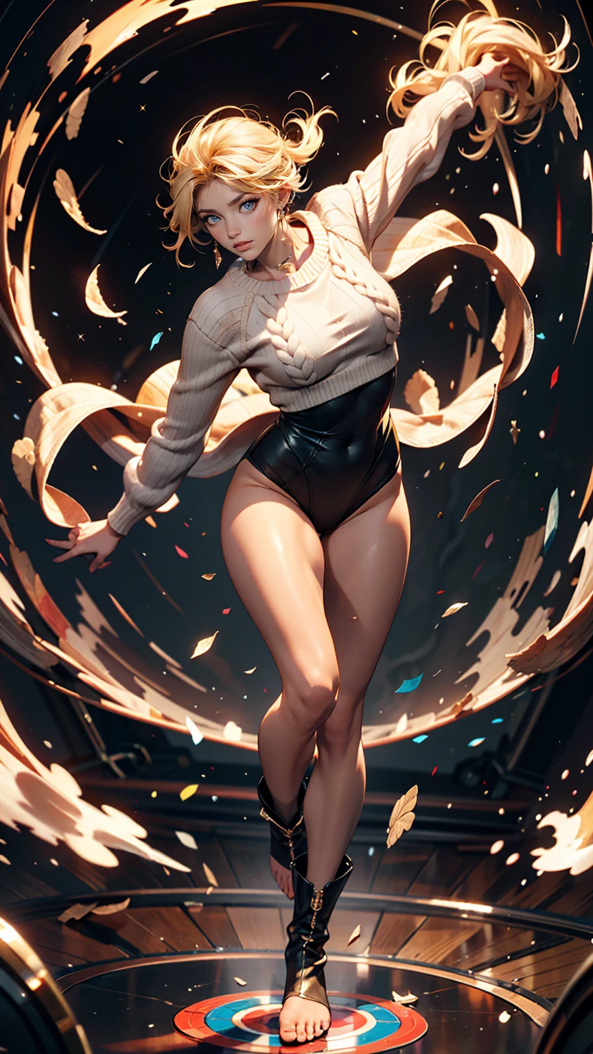 masterpiece, highest quality, sour, Grey sweater, Black leotard, Spin around, spin, Blonde, Superhero, boots, tornado, Circlingwind, alone, barefoot, Circling, Wind effects, spinning into a tornado, fast spin, stand, time travel, Travel through time, High leg, Perfect hands, Perfect Fingers, High leg leotard, Power ups, tornado 