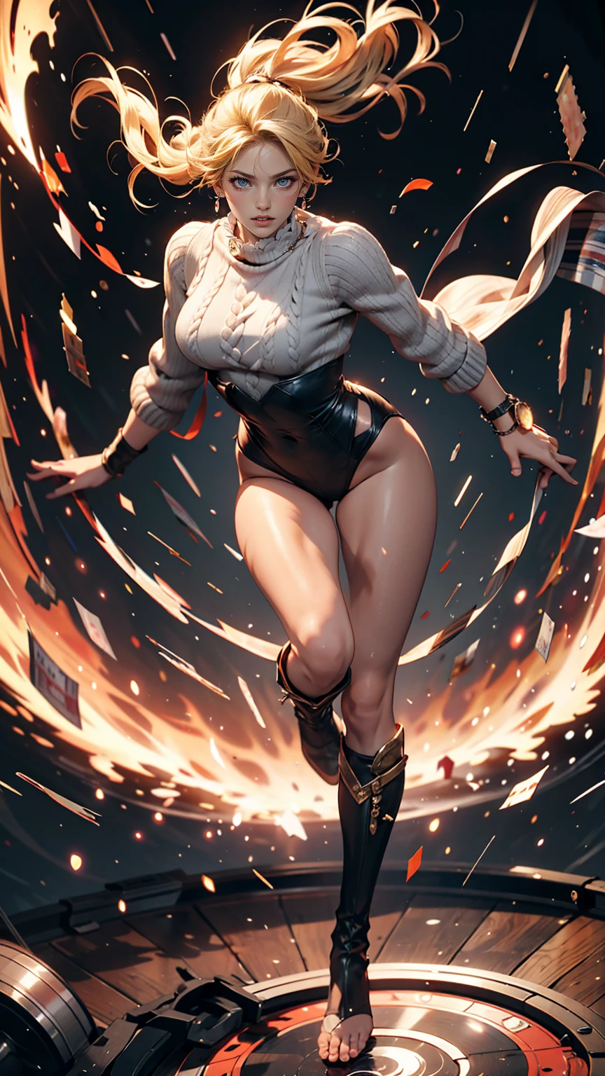 masterpiece, highest quality, sour, Grey sweater, Black leotard, Spin around, spin, Blonde, Superhero, boots, tornado, Circlingwind, alone, barefoot, Circling, Wind effects, spinning into a tornado, fast spin, stand, time travel, Travel through time, High leg, Perfect hands, Perfect Fingers, High leg leotard, Power ups, tornado 