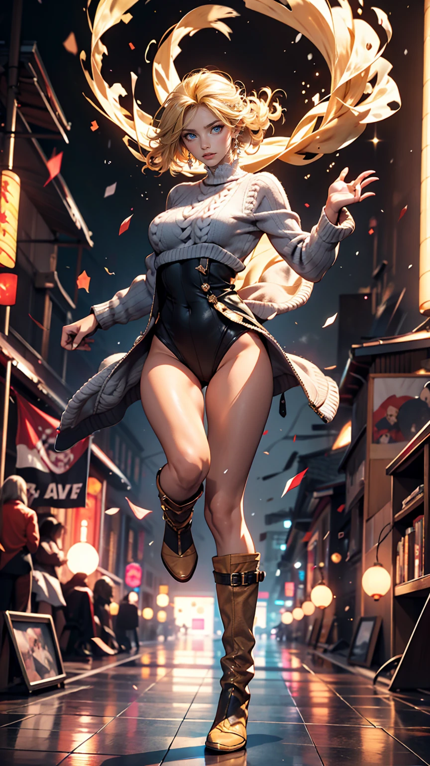 masterpiece, highest quality, sour, Grey sweater, Black leotard, Spin around, spin, Blonde, Superhero, boots, tornado, Circlingwind, alone, barefoot, Circling, Wind effects, spinning into a tornado, fast spin, stand, time travel, Travel through time, High leg, Perfect hands, Perfect Fingers, High leg leotard, Power ups, tornado