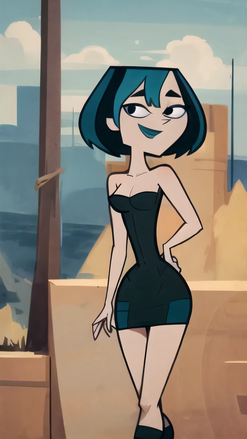 (8k, RAW photo, best quality, masterpiece:1.2), (intricate details), perfect eyes, perfect face, perfect lighting, beautiful, (masterpiece:1.2), (best quality:1.2), 1girl, cartoon style, gwentdi, solo, black eyes, black strapless tube dress, black high heels, medium breast, smile