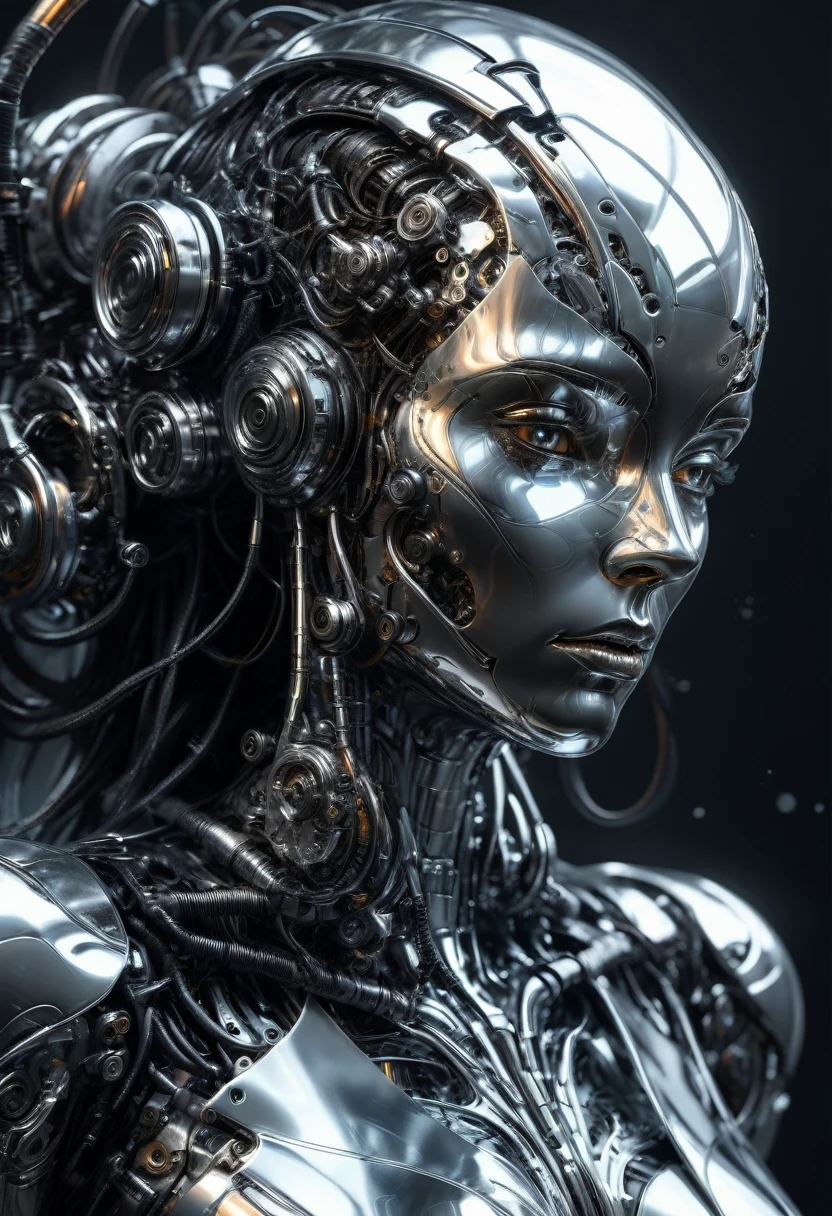 Liquid Metal, a liquid metal robot, detailed metallic texture, gears and machinery, industrial, futuristic, cyberpunk, silver, chrome, intricate details, best quality, 8k, photorealistic, cinematic lighting, advanced 3d render