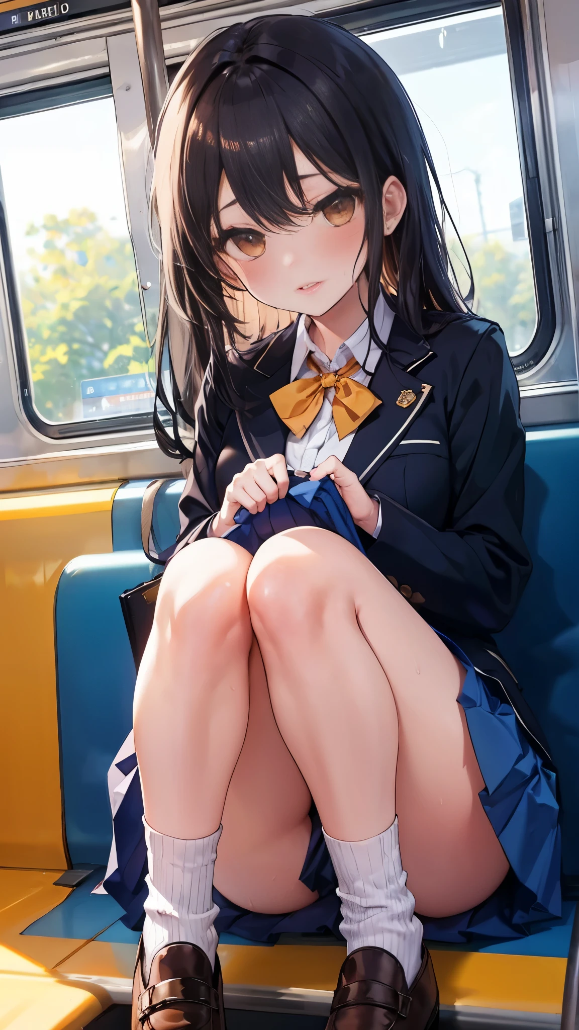 NSFW,4K,Gal:1.3,Anatomically correct,school uniform:1.3,A pure and innocent girl, Very cute face, Like an idol, (masterpiece:1.2), (high quality),Hip, Blue Skirt, alone, Blazer Type, loose socks, Lifting clothes, Brown eyes, pure gaze, mini skirt, Lift yourself up, Check skirt, blush,(Sweating profusely),physical education, Beautiful legs, ((in the train))