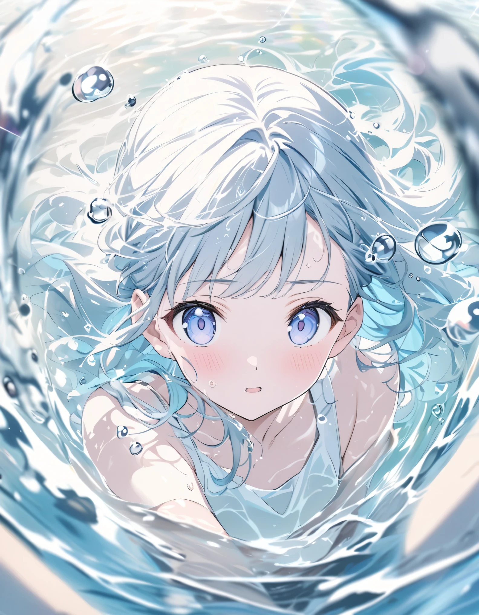 ((style:colored pencil,Pale colors)),(anime)、(masterpiece:1.2),In the water、Transparency、Girl surrounded by bubbles