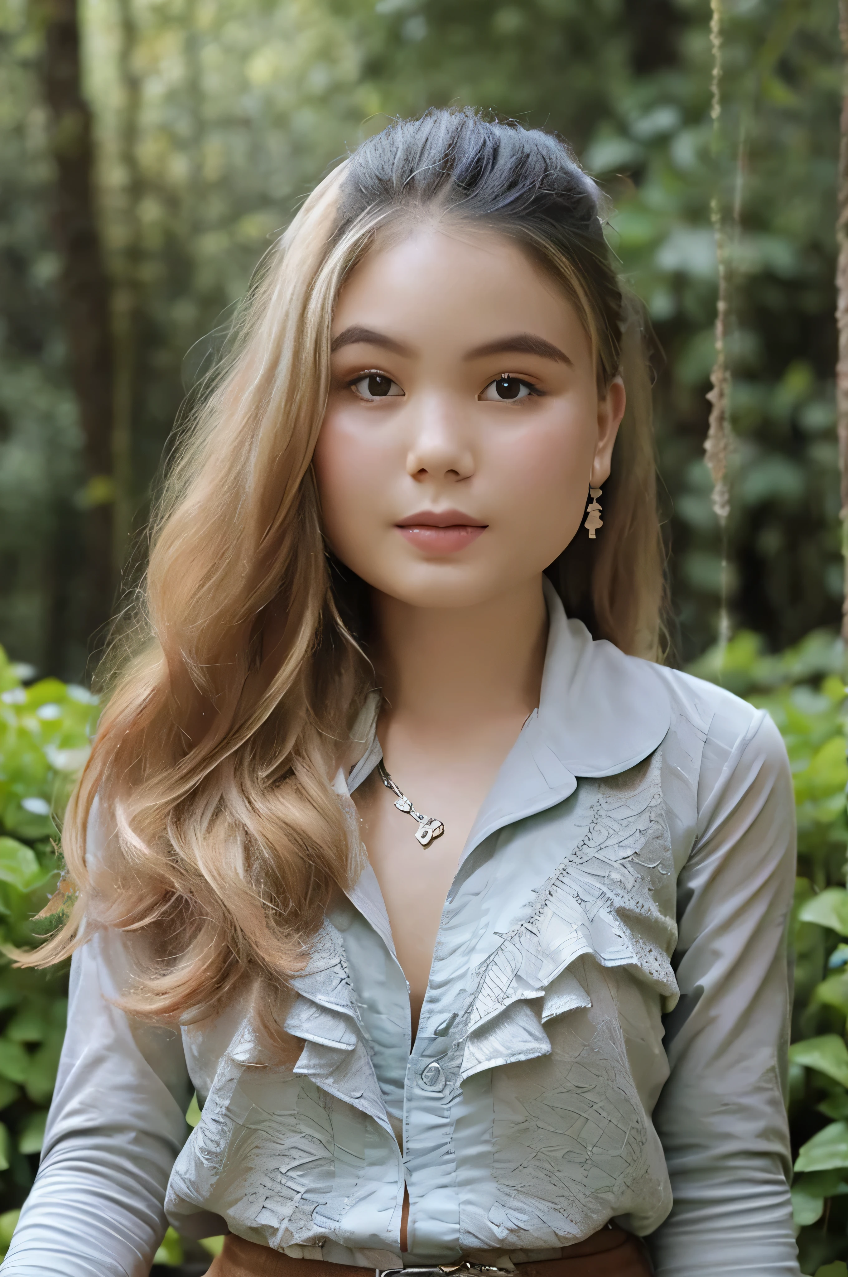 A close up of a woman with long hair wearing a shirt - SeaArt AI