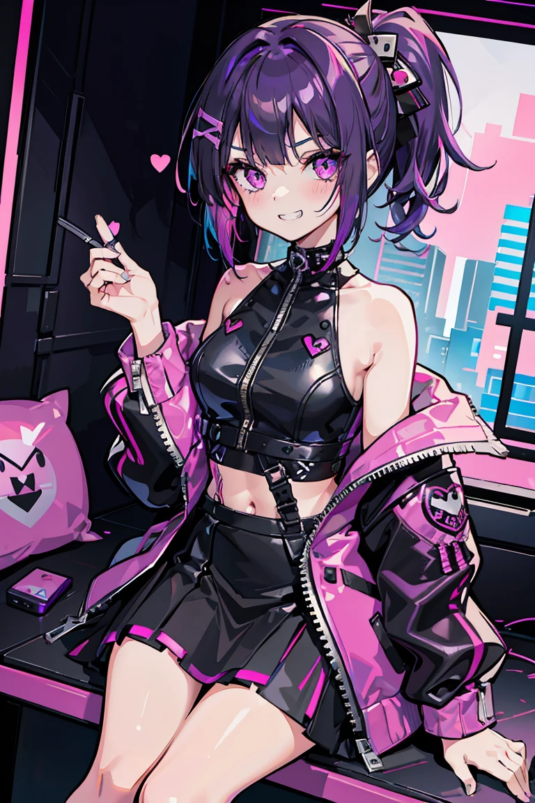 1 girl, ((video game)), Punk Makeup, (hair ornaments),(Grin),blush, sit, Colorful clothes, Black and purple hair, Short Bob, Low ponytail at back, Leather skirt, Naughty look, Beautiful expression, Pink Eyes, (Hearts in eyes), Pop Background,18-year-old, Colorful Hair, Messy Hair, Romanticism, modern art, Impressionism, reflected light, 8k, masterpiece, Advanced Details, highest quality,