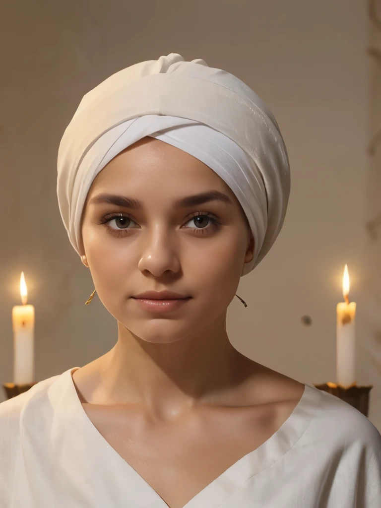 a 35-year-old woman, ((frontal)), with a long white skirt and long white blouse, ((white turban on her head, no hair )), brown eyes, hands behind her, many candles, incenses, whole body