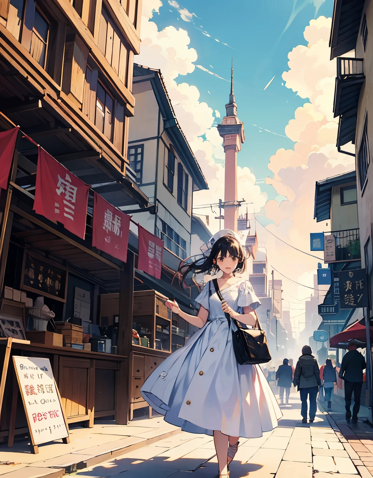 Scene 10: Sky Market
"After escaping the pirates, Mizuki and Taro arrive at a bustling sky market floating in the clouds. The market is filled with vibrant stalls, colorful banners, and various sky travelers. Mizuki, in her white dress, and Taro, in his mechanic's outfit, explore the market, gathering supplies and information. The scene is lively and full of wonder."