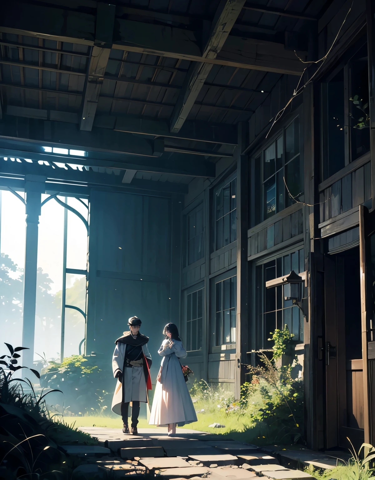 Scene 12: Desolate Island
"Mizuki and Taro land on a desolate, abandoned island, hoping to find clues. The island is eerie and silent, with crumbling buildings and overgrown vegetation. Mizuki, in her white dress and cloak, explores cautiously, while Taro, in his mechanic's outfit, searches for signs of life. The scene is haunting and mysterious."