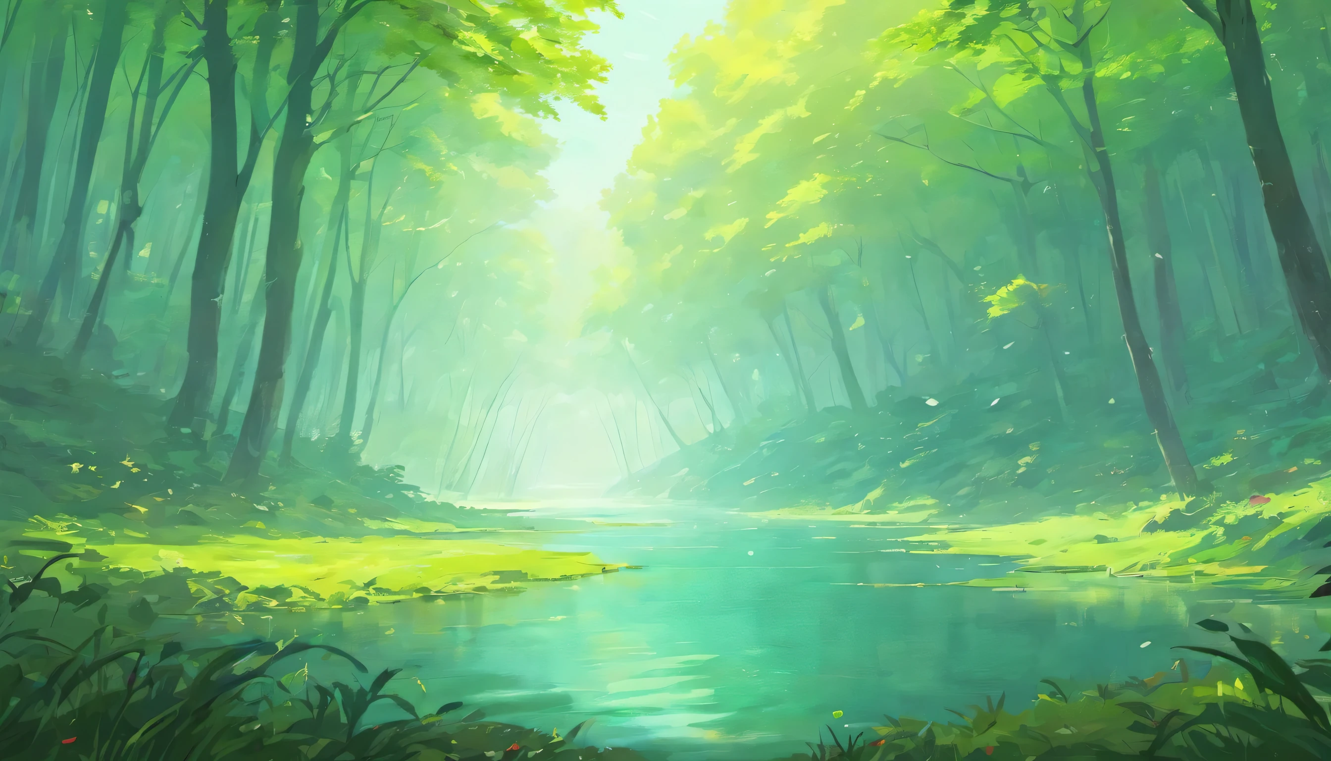 A tranquil lake in the forest A tranquil lake surrounded by greenery。There is mist on the lake、The soft light of the morning glow shines in。