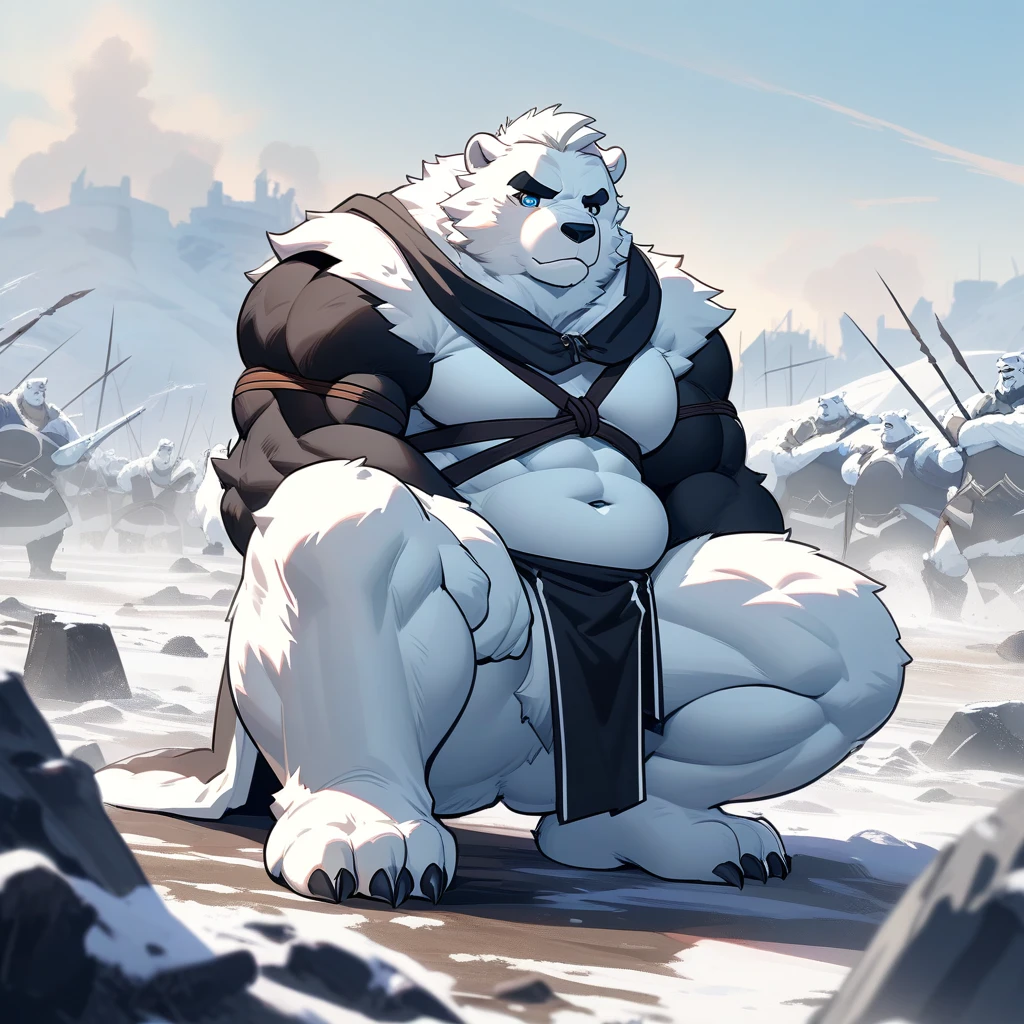 polar bear，Full body portrait of an individual,exquisite， chubby stomach，muscler，thick arms，Rugged muscles，Naked from the waist down，White plush fur，cute face，black eyebrows，sky blue eyes，white beard，Warrior attire，cloak，battlefield，bondage，alone，furry，high quality，kneel on one knee，touch feet