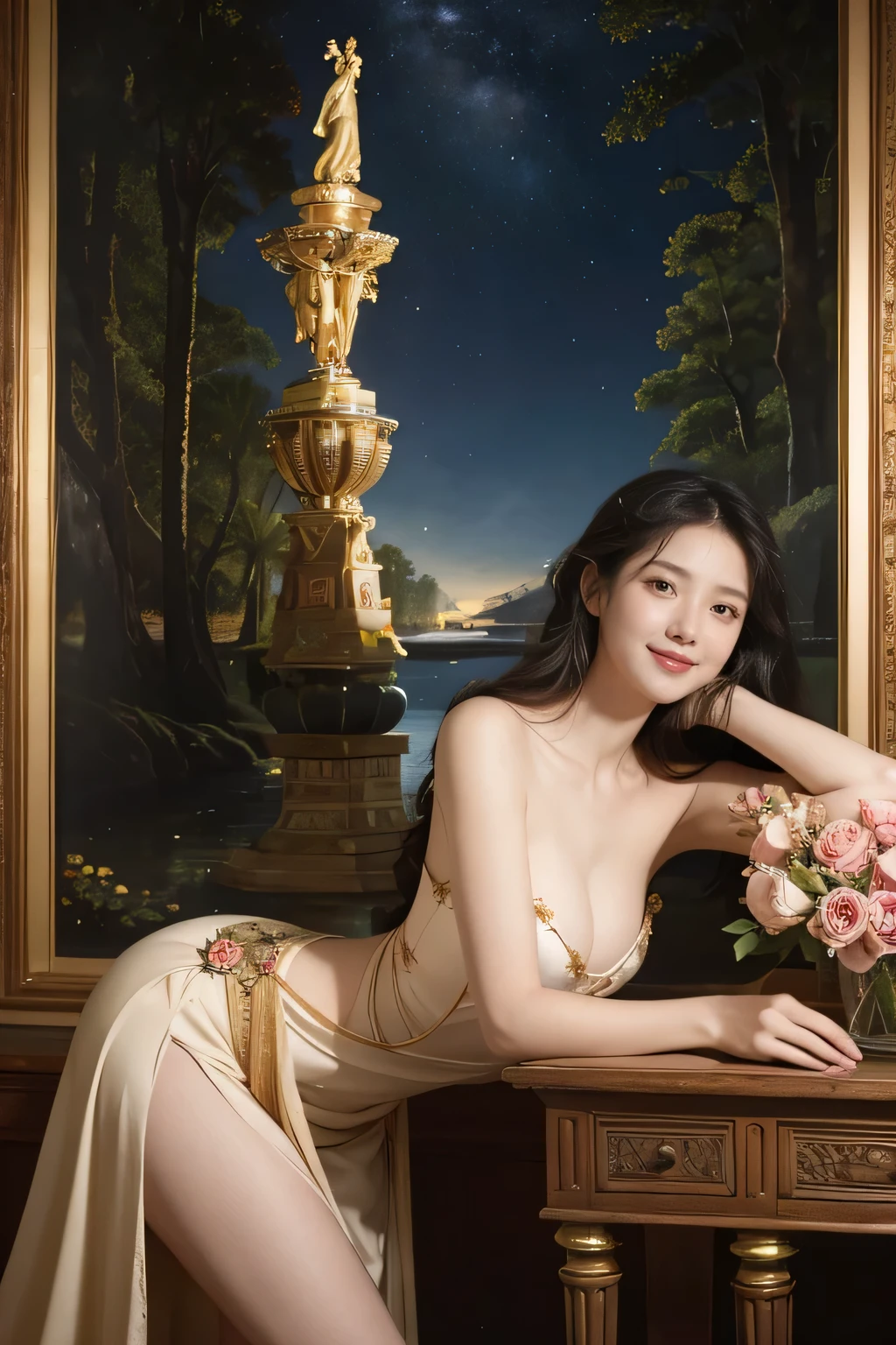Giorgione painting style,Arguments of two female Philosophe,math、astronomical machine、astronaut、roses in vase、fruits、Cute trinkets、smile、ancient greek costume、Background is a forest lake at night 、Clothes that stretch your shoulders、A big smile、beautiful bare skin、A detailed representation of the seducing woman throughout her body.