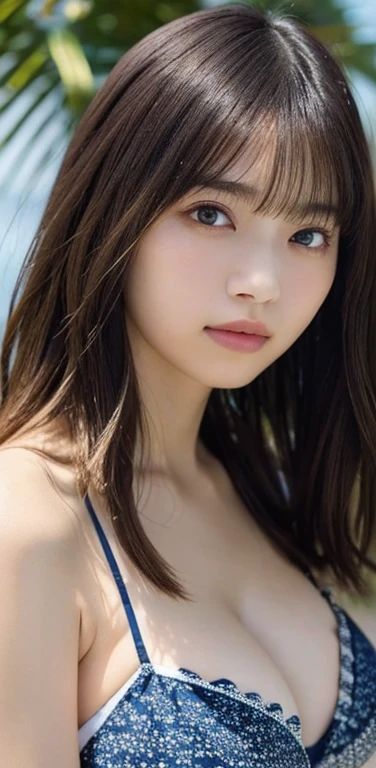 masterpiece, highest quality, 8k, 20th generation, Big Breasts, cute, alone, sad, cute, Girlish,cute 繊細な女の子, cute、Pure beauty,  RAW Photos, Professional photography, Portraiture, Soft Light, Professional Lighting, Backlight, Upper Body, avert your eyes, Sophisticated, Film Grain, (Eye and facial details:1.0), Round face、Floating Hair, beautiful, Flowing hair, Asymmetrical bangs、(Big Breasts:1.0)、Navy blue micro bikini、Voluptuous thighs、dolly make、Heterochromia iridis、Midsummer sky、Cumulonimbuidsummer Beach