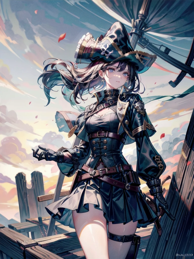 Practical pirate clothing, Long-sleeved pirate top, Skirt,Torn pirate hat, absurdres, RAW photo, extremely delicate and beautiful, masterpiece, Best Quality, ultra high resolution, 32k, hyperrealistic, ultra-detailed, perfect figure, tearful mole, earring, whole body shot, short medium hair, wavy hair,