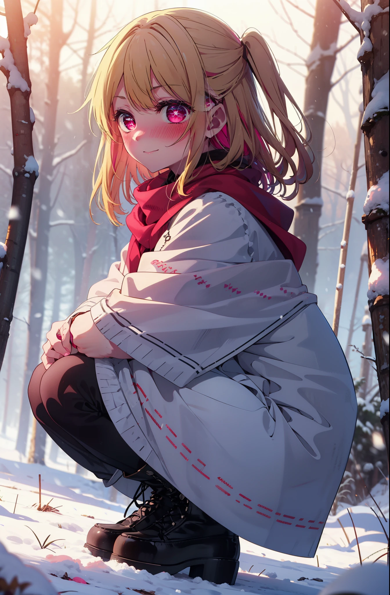 rubyhoshino, Hoshino Ruby, Long Hair, bangs, Blonde Hair, (Pink Eyes:1.3), Side Lock, (Symbol-shaped pupil:1.5), Multicolored Hair, Two-tone hair, smile,,smile,blush,White Breath,
Open your mouth,snow,Ground bonfire, Outdoor, boots, snowing, From the side, wood, suitcase, Cape, Blurred, , forest, White handbag, nature,  Squat, Mouth closed, Cape, winter, Written boundary depth, Black shoes, red Cape break looking at viewer, Upper Body, whole body, break Outdoor, forest, nature, break (masterpiece:1.2), highest quality, High resolution, unity 8k wallpaper, (shape:0.8), (Beautiful and beautiful eyes:1.6), Highly detailed face, Perfect lighting, Extremely detailed CG, (Perfect hands, Perfect Anatomy),