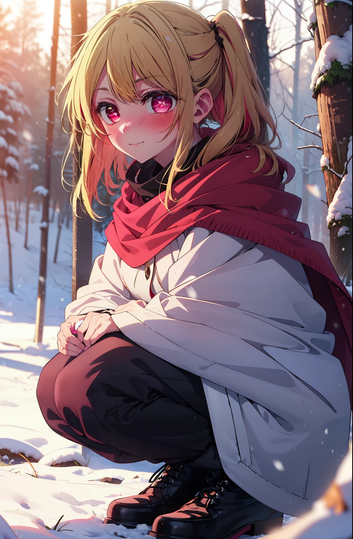 rubyhoshino, Hoshino Ruby, Long Hair, bangs, Blonde Hair, (Pink Eyes:1.3), Side Lock, (Symbol-shaped pupil:1.5), Multicolored Hair, Two-tone hair, smile,,smile,blush,White Breath,
Open your mouth,snow,Ground bonfire, Outdoor, boots, snowing, From the side, wood, suitcase, Cape, Blurred, , forest, White handbag, nature, Squat, Mouth closed, Cape, winter, Written boundary depth, Black shoes, red Cape break looking at viewer, Upper Body, whole body, break Outdoor, forest, nature, break (masterpiece:1.2), highest quality, High resolution, unity 8k wallpaper, (shape:0.8), (Beautiful and beautiful eyes:1.6), Highly detailed face, Perfect lighting, Extremely detailed CG, (Perfect hands, Perfect Anatomy),