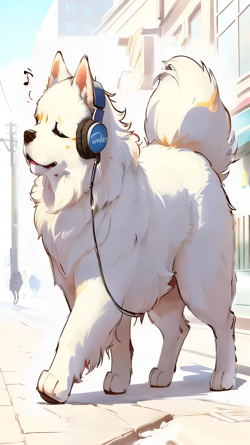 araffe With headphones on walking and listening to music, Ear hook, He has headphones, Japanese Dog, Anthropomorphic Shiba Inu, Farson!!!!, Samoyed dog, fluffy!!!, Farson art, by Kuvisiato, With headphones, Cute dog, Anthropomorphic Dog, Jam along to music,Walking around the city