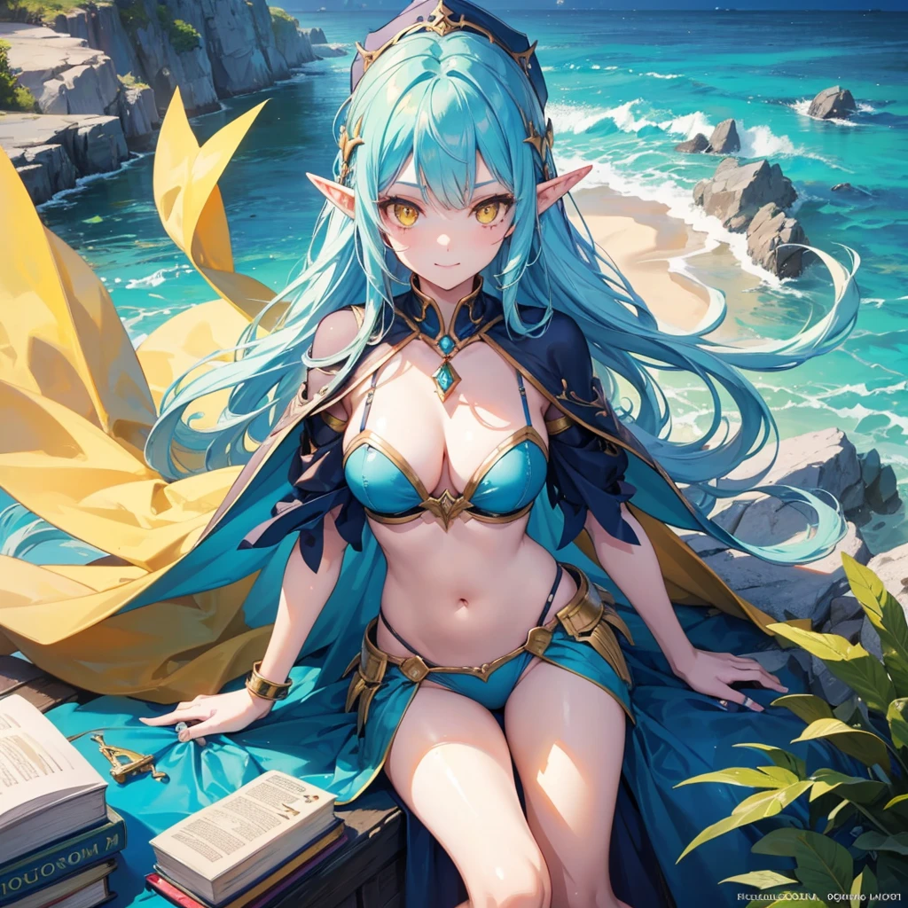 A sexy girl half elf wizard, Bikini suit, wizard hat, yellow eyes, bright blue hair colour, book in hand, sea background,8k, masterpiece, best quality, highly detailed, A sexy girl half elf wizard, wizard hat, yellow eyes, bright blue hair colour, book in hand, sea background,8k, masterpiece, best quality, highly detailed, one girl, half-elf, solo, yellow eyes, bright blue hair, long straight hair, wearing necklace, gorgeous, friendly, smile,sexy, close ups view, rings, looking at viewer, alone, girl, half-elf, solo, yellow eyes, bright blue hair, long straight hair, wearing necklace, gorgeous, friendly, smile,sexy, close ups view, rings, looking at viewer, alone,