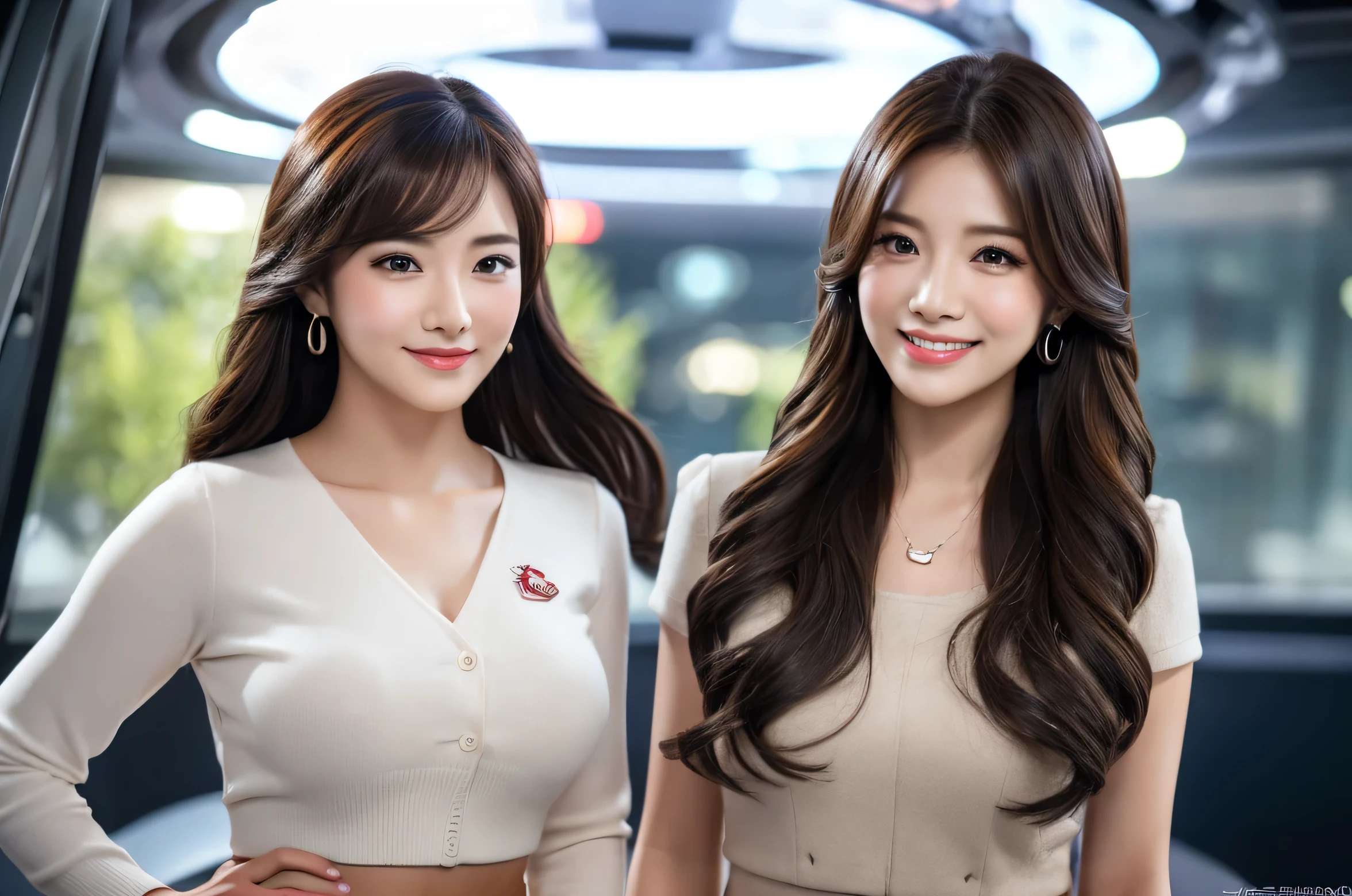 one person、female newscaster、young、beautiful、Female announcer、Shaped face contour、Long Hair、Brown Hair、Fine iris、Elegant、Sexy face、Glowing Skin、Juicy lips、An open, seductive smile、Thick eyelasheodel Body Type、Earrings、blush、suit、Tight mini skirt、Perfect lighting、Perfect Shadow、Perfect Anatomy(((masterpiece))), ((highest quality)), ((Super detailed)), (CG illustration), (Very wicked and beautiful)), (Cute Desktop Face)