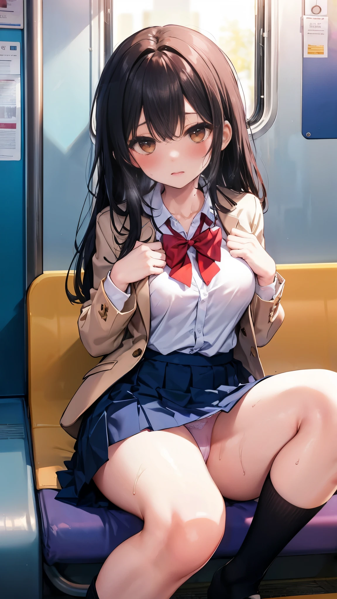 NSFW,4K,Gal:1.3,Anatomically correct,school uniform:1.3,A pure and innocent girl, Very cute face, Like an idol, (masterpiece:1.2), (high quality), panties, loose socks, Hip, Blue Skirt, alone, Blazer Type, loose socks, Lifting clothes, Brown eyes, pure gaze, mini skirt, Lift yourself up, Check skirt, blush,((Mid-chest)), (Sweating profusely), Long Hair, physical education, Beautiful legs, ((in the train))