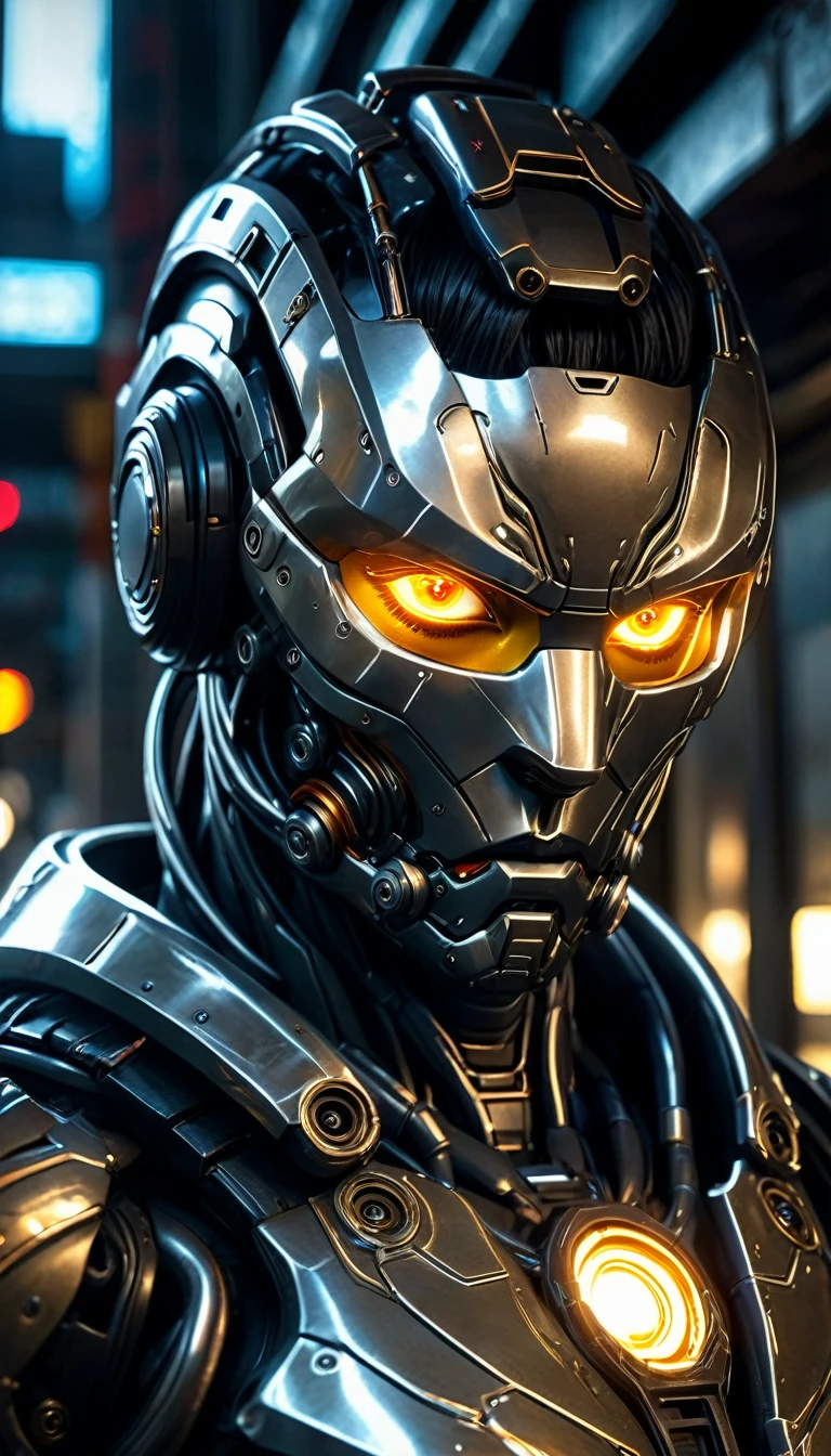 a close up of a robot in a building with a sunglasses on, cyberpunk flame suit, cyberpunk armor, cyberpunk suit, sci - fi suit, intricate cyberpunk armor, cybernetic fire armor, a large titan face, attack on titan, ultra detailed, highly realistic, photorealistic, 8k, 4k, hyper-realistic, realistic skin texture, extremely detailed facial features, piercing eyes, sharp nose, full lips, detailed musculature, intimidating expression, dark brooding atmosphere, dramatic lighting, moody shadows, cinematic composition, gritty, dystopian, dark fantasy
