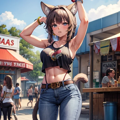 A brown-haired woman wearing a tank top and leggings is eating a tlayuda at a taco stand. Jeans have a belt With side slits Big Ass Spread your legs Open your arms Cat ear tail