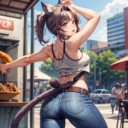 A brown-haired woman wearing a tank top and leggings is eating a tlayuda at a taco stand.　Jeans have a belt　　　With side slits　Big Ass　Spread your legs　Open your arms　Cat ear　tail