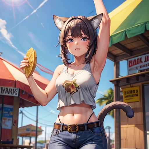 A brown-haired woman wearing a tank top and leggings is eating a tlayuda at a taco stand. Jeans have a belt With side slits Big Ass Spread your legs Open your arms Cat ear tail