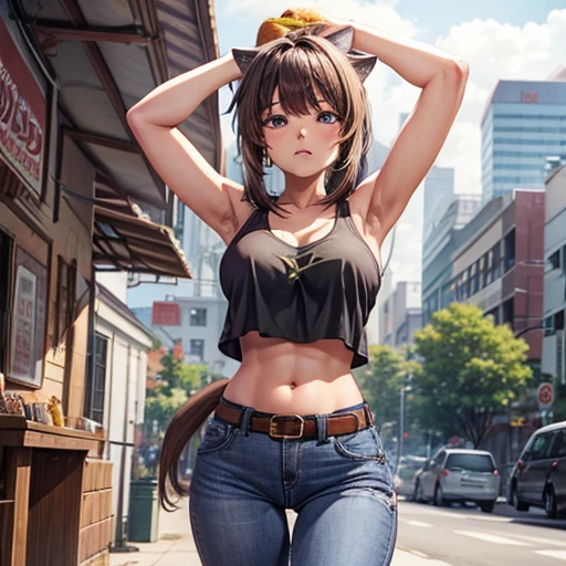 A brown-haired woman wearing a tank top and leggings is eating a tlayuda at a taco stand. Jeans have a belt With side slits Big Ass Spread your legs Open your arms Cat ear tail