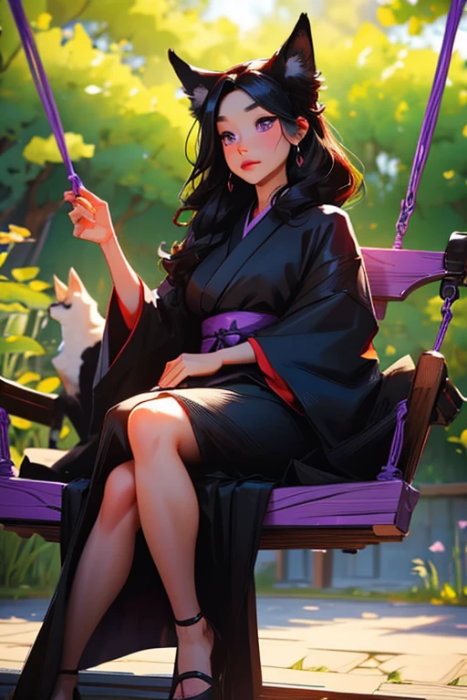 A black haired woman with violet eyes with an hourglass figure and black fox ears and a fox tail in a kimono is sitting on a swing