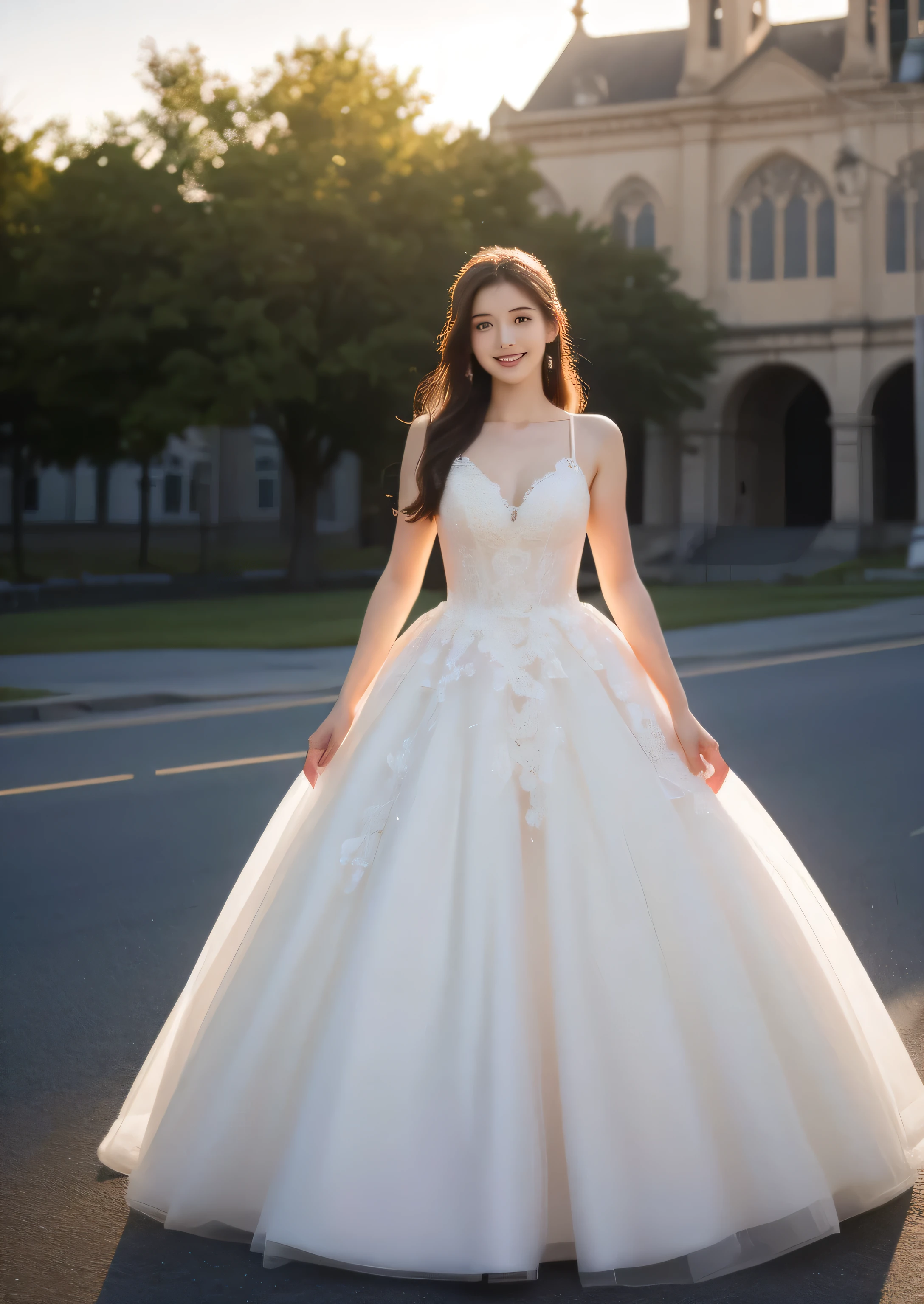 Beautiful 25 year old skinny woman。She is wearing a wedding dress. She is smiling on illuminated by the evening church lights on the romantic sunset time. her dark brown hair. High resolution、masterpiece、highest quality、頭w:1.0、((Hasselblad Photos))、fine skin、(movie lighting)、clavicle . full body picture.