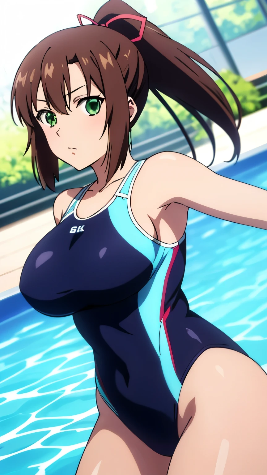 masterpiece, best quality, 8k, anime art style, Kirasaka Sayaka, Dark brown hair, ponytail, hair ribbon, (Competitive swimsuits, pools, swimsuits), dynamic angle, looking at the viewer, green eyes, light in the eyes, (big breasts: 0.8), cowboy shot