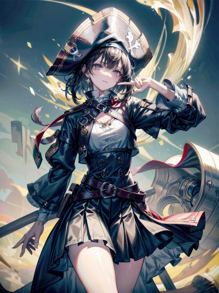 Practical pirate clothing, Long-sleeved pirate top, Skirt,Torn pirate hat, absurdres, RAW photo, extremely delicate and beautiful, masterpiece, Best Quality, ultra high resolution, 32k, hyperrealistic, ultra-detailed, perfect figure, tearful mole, earring, whole body shot, short medium hair, wavy hair,