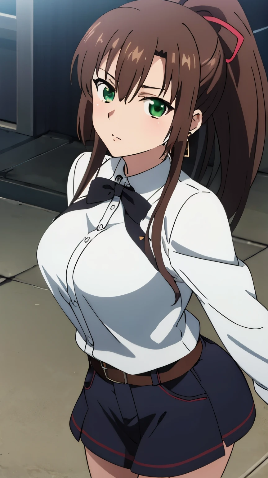 masterpiece, best quality, 8k, anime art style, Kirasaka Sayaka, Dark brown hair, ponytail, hair ribbon, (Sparkly, Western-style clothing, earrings, venue), dynamic angle, looking at the viewer, green eyes, light in the eyes, (big breasts: 0.8), cowboy shot