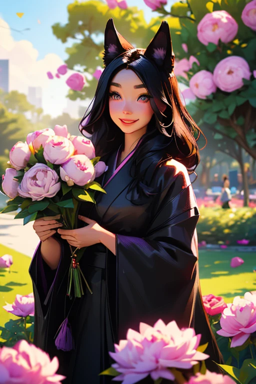 A black haired woman with violet eyes with an hourglass figure and black fox ears and a fox tail in a kimono is smiling with a bouquet of peonies in the park