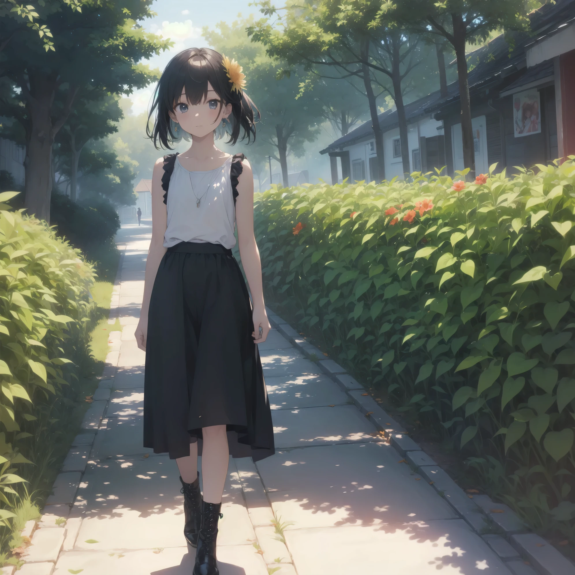 ultra-absurdres-Top quality by artist God, ultra-detailed, high resolution, anime moe artstyle, best anime 8k konachan wallpaper, pixiv contest winner, pool:2810, perfect anatomy,break, 1girl, (Please draw a girl walking grass alone. )break,(Solo,little female, 11-year-old:1.3),Full limbs, complete fingers, (very short hair,straw hat), flat chest, , small butt, small black eyes, beautiful detailed eyes, well-proportioned iris and pupils, expressive eyes, highres detailed hair, soft expression, sleeveless dress, sundress, (Detailed Lighting), (Detailed background), outdoors, summer, in the meadows route. break,super detailed skin, Best cinematic lighting powered by famous artist, 8k,beauty illustration,photoshop_(medium),very aesthetic,break,((artist:itomugi-kun )), artist:clamp ,artist:carnelian ,artist:kantoku ,