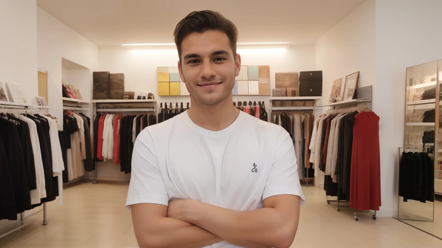 smiling man , in a bright room, obturador, olhando para o telefone dele, parece inteligente, fotografia, foto, smart appearance, imagem de estoque, arte em alta, homem bonito, homem atraente, Cool appearance, full body, crossed arms, ((store in the background)), parecendo inteligente, foto, vestido casualmente, retrato de alta qualidade, instagram post, cintilante, good looking, a foto, foto de retrato