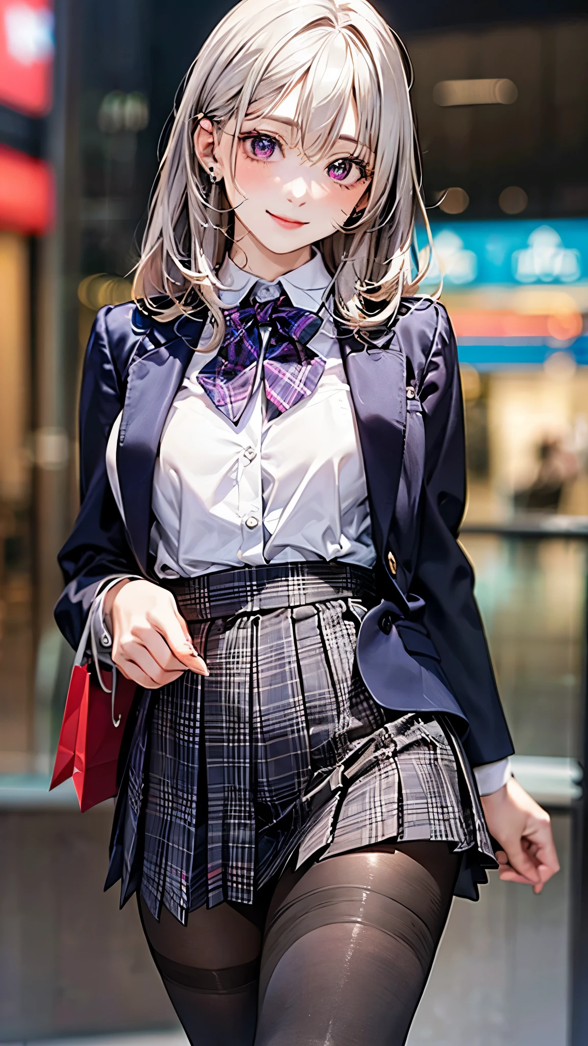 (masterpiece:1.2, top-quality), (realistic, photorealistic:1.4), beautiful illustration, (natural side lighting, movie lighting),
looking at viewer, 1 girl, japanese, high school girl, perfect face, cute and symmetrical face, shiny skin, babyface,
(middle hair, straight hair, dark pink head band, silver hair), hair between eyes, dark purple eyes, (middle breasts, seductive thighs, big ass), piercings,
beautiful hair, beautiful face, beautiful detailed eyes, beautiful clavicle, beautiful body, beautiful chest, beautiful thigh, beautiful legs, beautiful fingers,
(((dark purple blazer, close clothes), white collared shirt, black plaid pleated miniskirt, dark red flat bow tie), black pantyhose),
(beautiful scenery), evening, (shopping mall), walking, (lovely smile, upper eyes),
