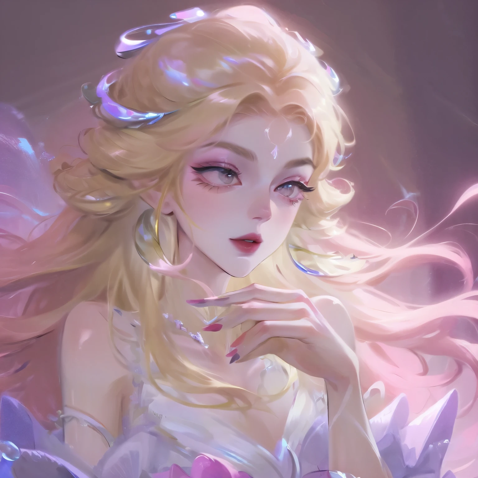 ((masterpiece)),high quality,Extremely detailed,blonde+White clothing:1.2,Sweet and delicate girl,Bijay,Lolita prostitute,Exquisite facial features,Perfect body,face adorned with pearls,There are bubbles around,Colorful and bright,Romantic long hair,Natural light,Warm and sweet,Brown eyes,Gorgeous hair decoration,Pink clothing