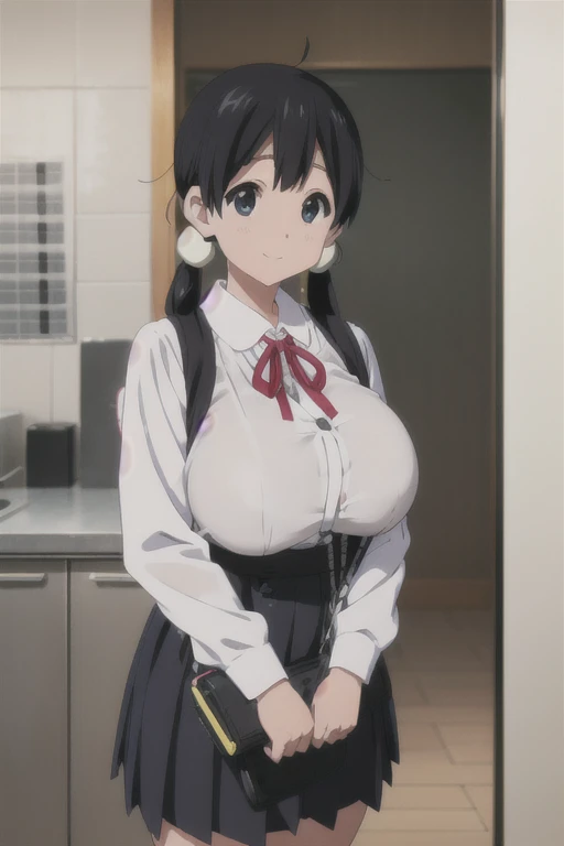 (((Pixel Perfect, Perfect in every detail))), alone, One girl, tamako kitashirakawa, , View Viewer, smile, （High School Uniform）、(Huge breasts:1.5)、Black knee-length pleated skirt with suspenders、White shirt