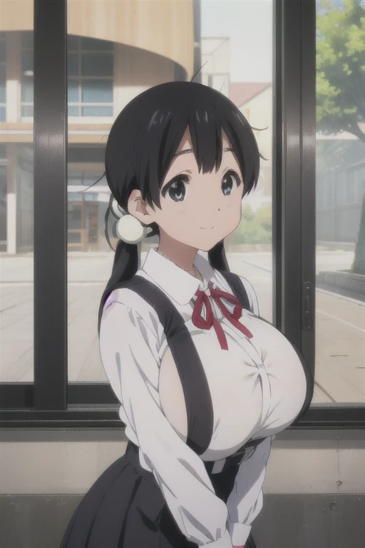 (((Pixel Perfect, Perfect in every detail))), alone, One girl, tamako kitashirakawa, , View Viewer, smile, （High School Uniform）、(Huge breasts:1.5)、Black knee-length pleated skirt with suspenders、White shirt