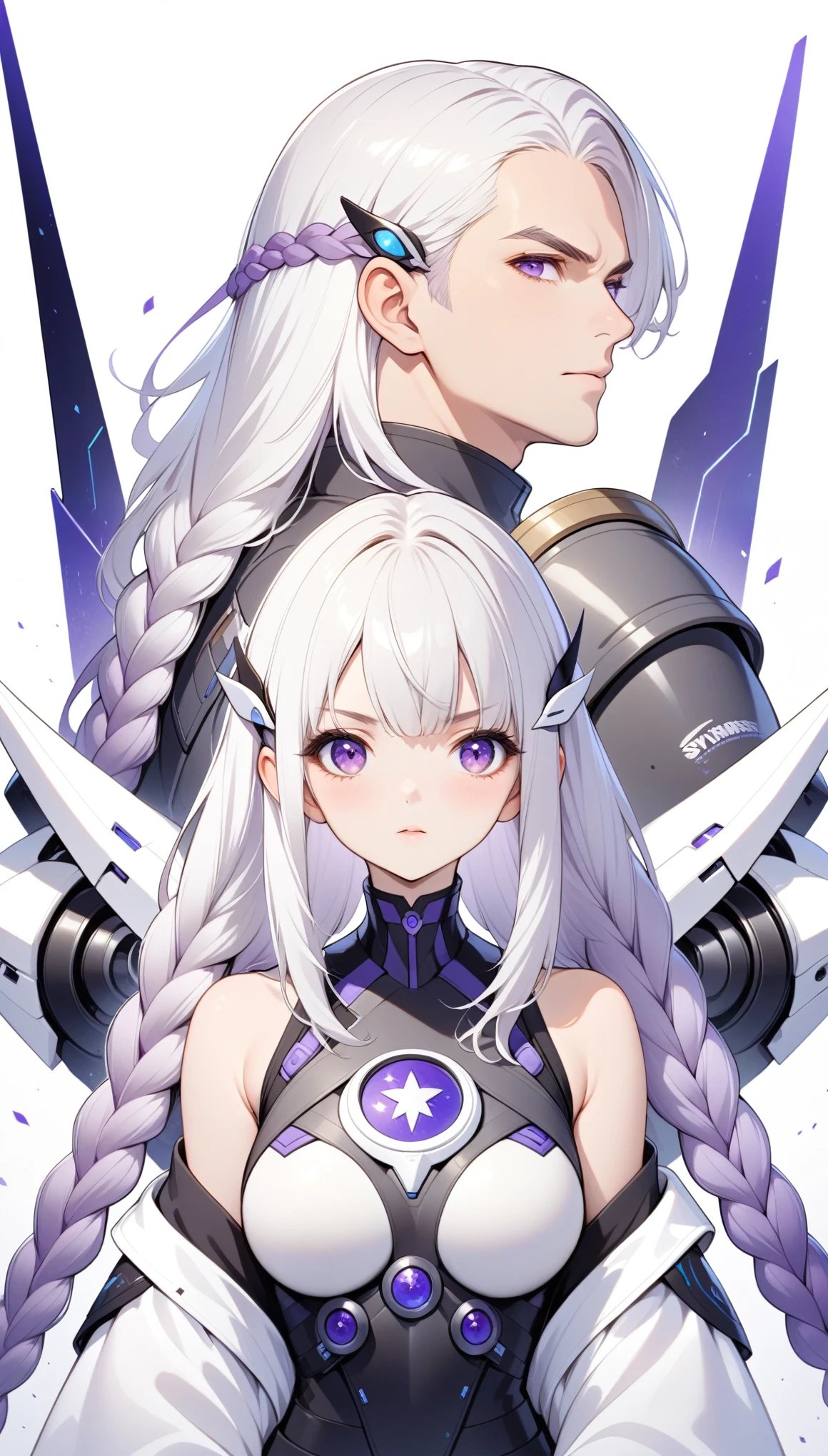 poster design：prospect，（1 Girl portrait，Symmetrical hair accessories，White hair，Long purple braids，Purple Eyes）。background，（Behind her stood a huge white long-haired man guarding her）