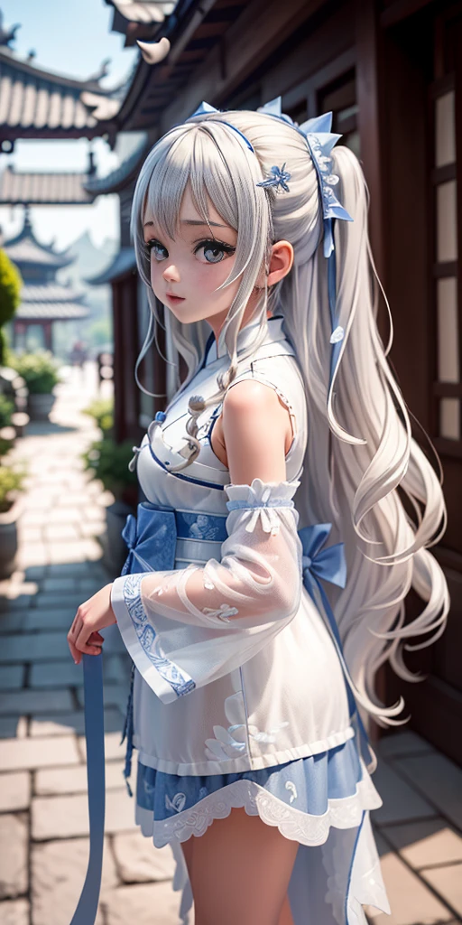 ((best quality)), ((masterpiece)), ((Extremely detailed)), (illustration), (Detailed lighting), (Extremely delicate and beautiful),Charming young girl,Long white hair,Blue sky,(Chinese Garden),Silky