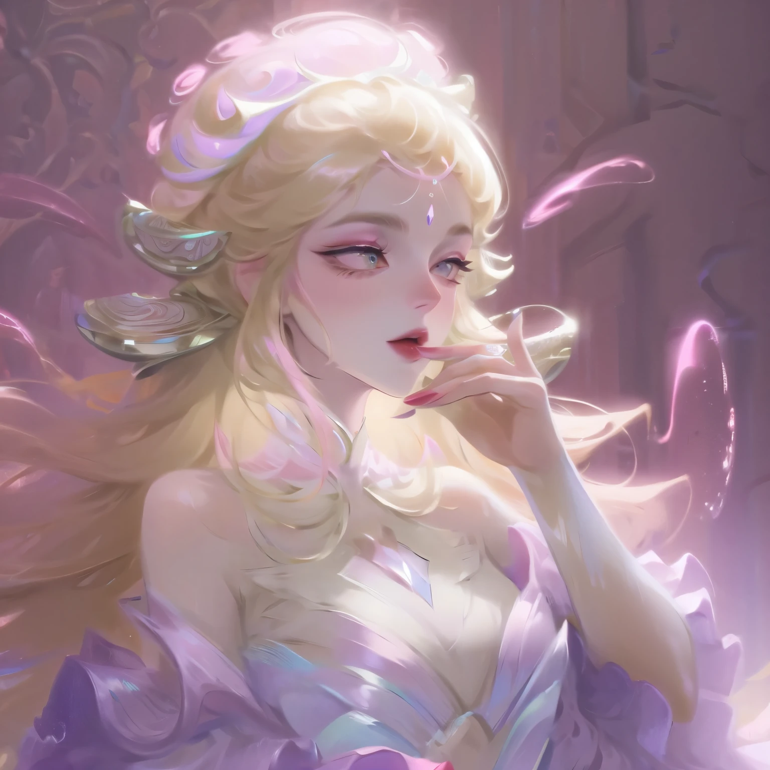 ((masterpiece)),high quality,Extremely detailed,blonde+White clothing:1.2,Sweet and delicate girl,Bijay,ta prostitute,Exquisite facial features,Perfect body,face adorned with pearls,There are bubbles around,Colorful and bright,Romantic long hair,Natural light,Warm and sweet,Brown eyes,Gorgeous hair decoration,Pink clothing