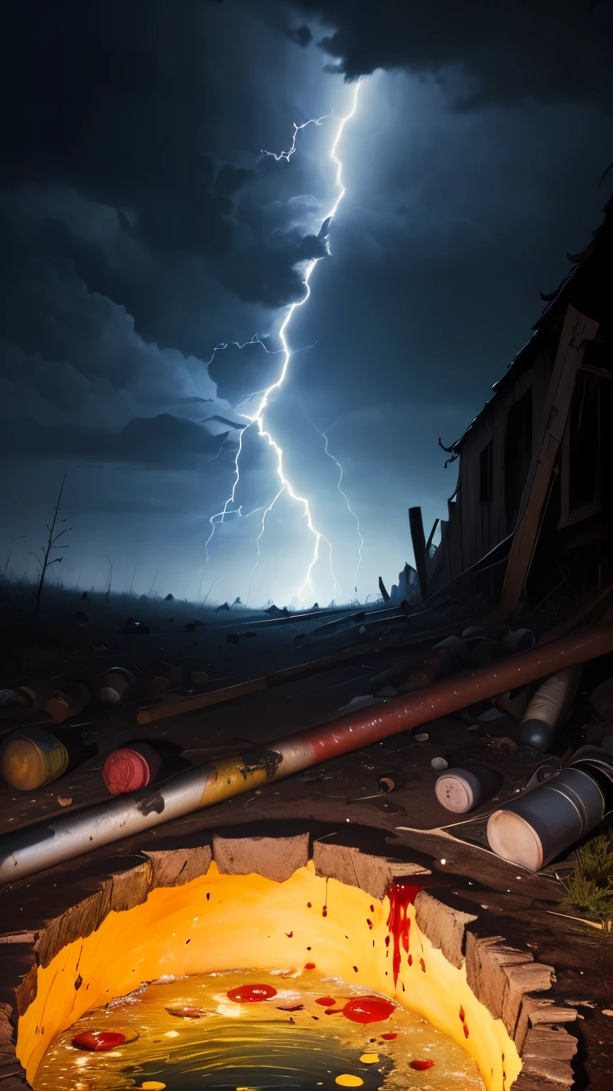 ((best quality)), ((masterpiece)), (detailed), ((the photo is taken from a dark horror hole)), lightning in the background, ((dark horror in the background, blood splatted everywhere