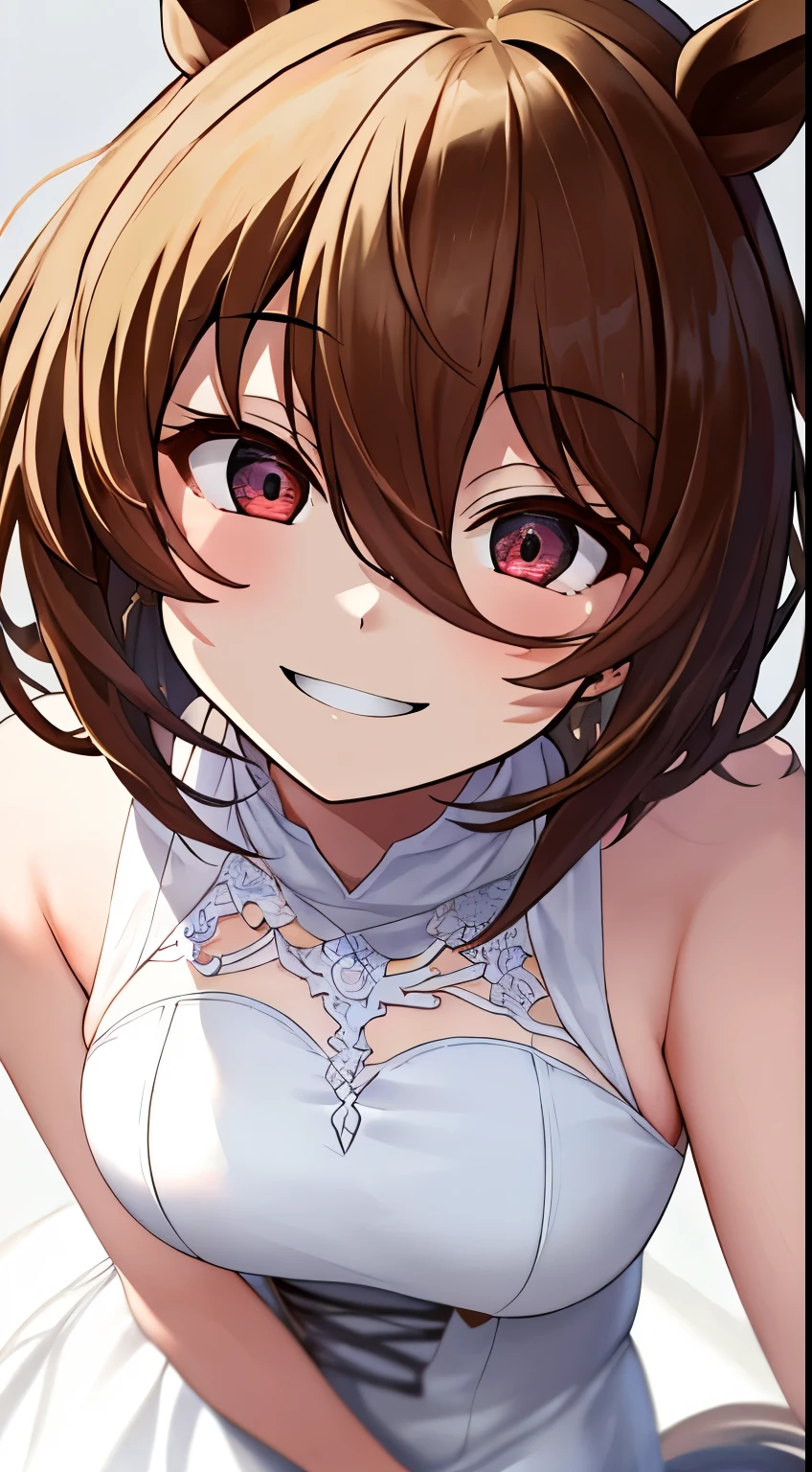 16K,beautiful, Tabletop, highest quality, Highly detailed face, Perfect lighting,One Girl、Full Body Lesbian、Brown haired.short hair、Horse-eared girl、(Smiling Girl:1.3)、(graduate School:0.8)、Staring at this、Dark horror、Dynamic Angle、((White Dress:1.3))