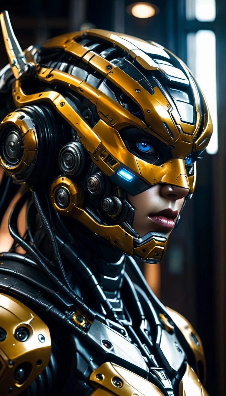 a close up of a robot in a building with a sunglasses on, cyberpunk flame suit, cyberpunk armor, cyberpunk suit, sci - fi suit, intricate cyberpunk armor, cybernetic fire armor, a large titan face, attack on titan, ultra detailed, highly realistic, photorealistic, 8k, 4k, hyper-realistic, realistic skin texture, extremely detailed facial features, piercing eyes, sharp nose, full lips, detailed musculature, intimidating expression, dark brooding atmosphere, dramatic lighting, moody shadows, cinematic composition, gritty, dystopian, dark fantasy