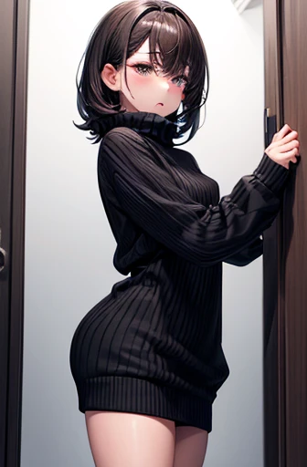 A crossdresser is masturbating. He is wearing a sweater. His erect penis is a little small. His penis is in a state of phimosis. He is ejaculating.