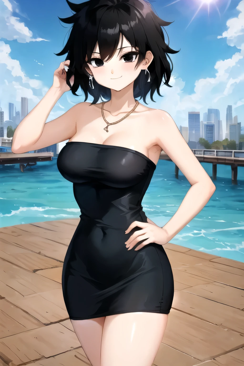 gine, 1 girl, sunlight, solo, closed, blue sky, black hair, black eyes, city, bare shoulders, medium breast, collarbone, cowboy shot, short hair, looking at viewer, smile, looking at viewer, spiked hair, strapless black tube dress, necklace, pier, docks, left hand on hips, standing up, black high heels